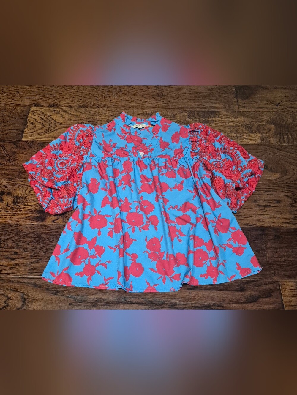 Umgee Pink Blue Embroidery Floral Print Blouse Sz M